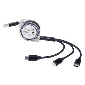 3 in 1 USB Cable, Retractable, Portable USB Cable - Jet Black